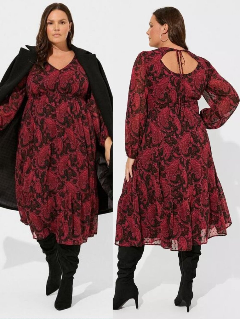 Torrid Red Paisley Georgette Tea Length Open Back A-Line Dress